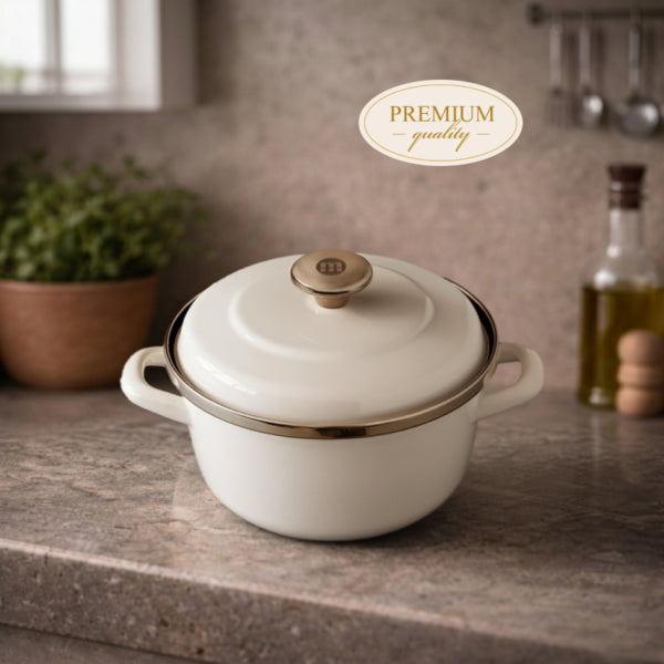 Kochtopf 20 cm Emaille 3L – Beige mit Goldrand | Metalac
