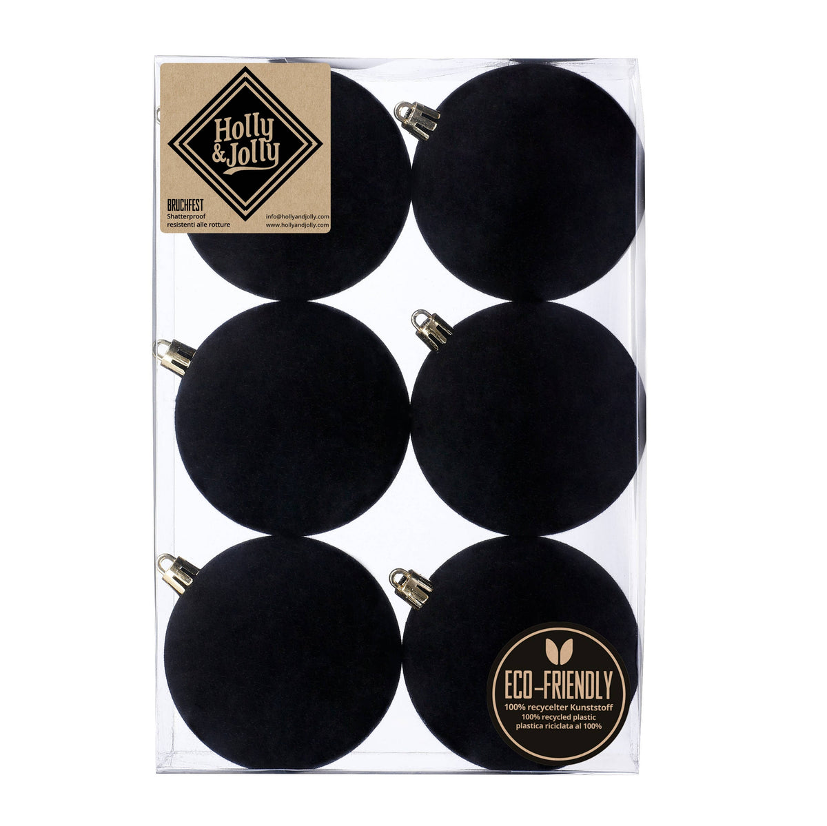 Bože – Weihnachtskugeln Schwarz beflockt, 6er-Set, Ø 8 cm