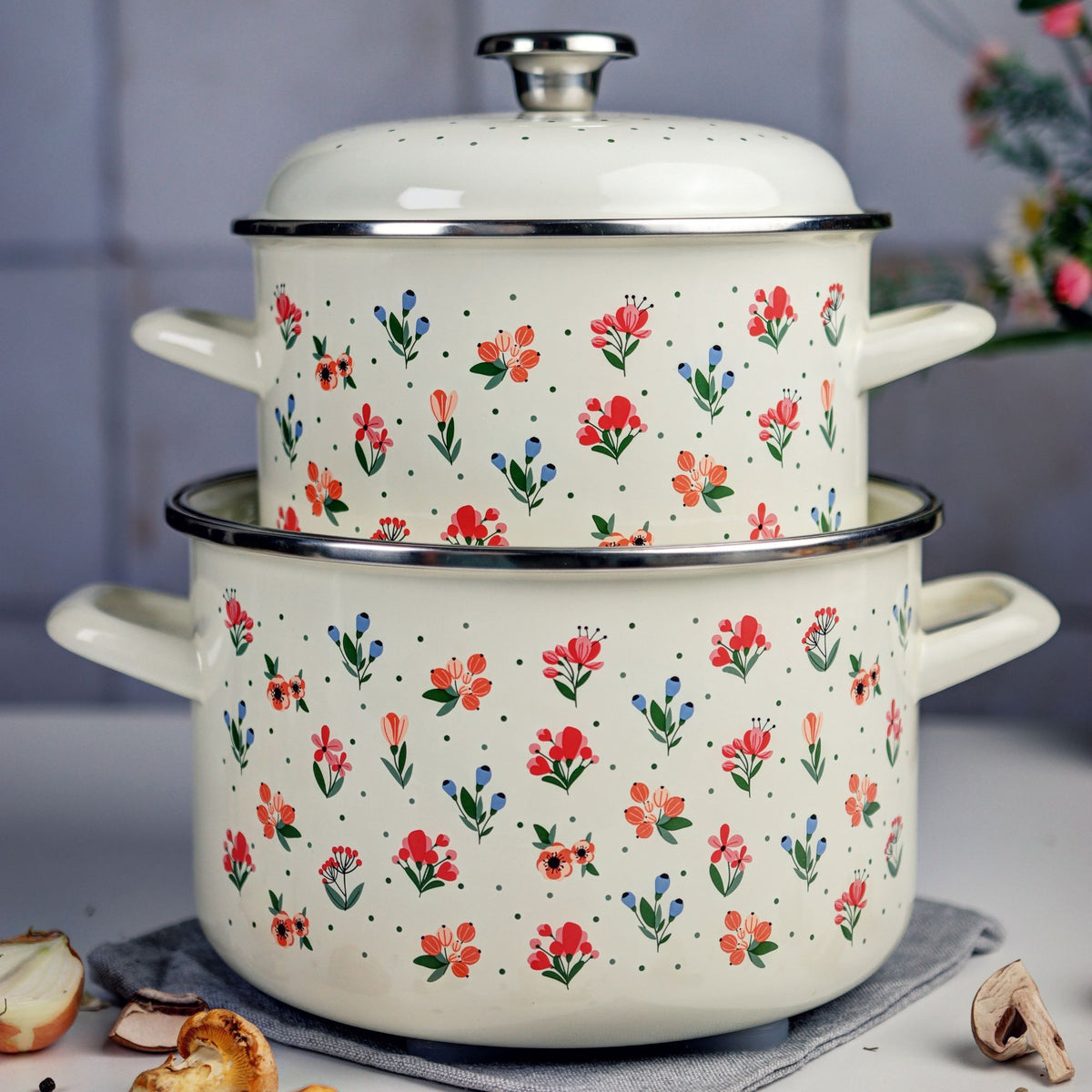 Metalac Original – Emaille Kochtopf Flowers mit Deckel | 24 cm, 6,75 L