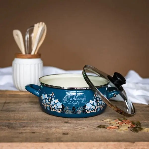 Metalac Original - Niedriger Emaille-Topf Cooking Delight Blau 5 l mit Glasdeckel