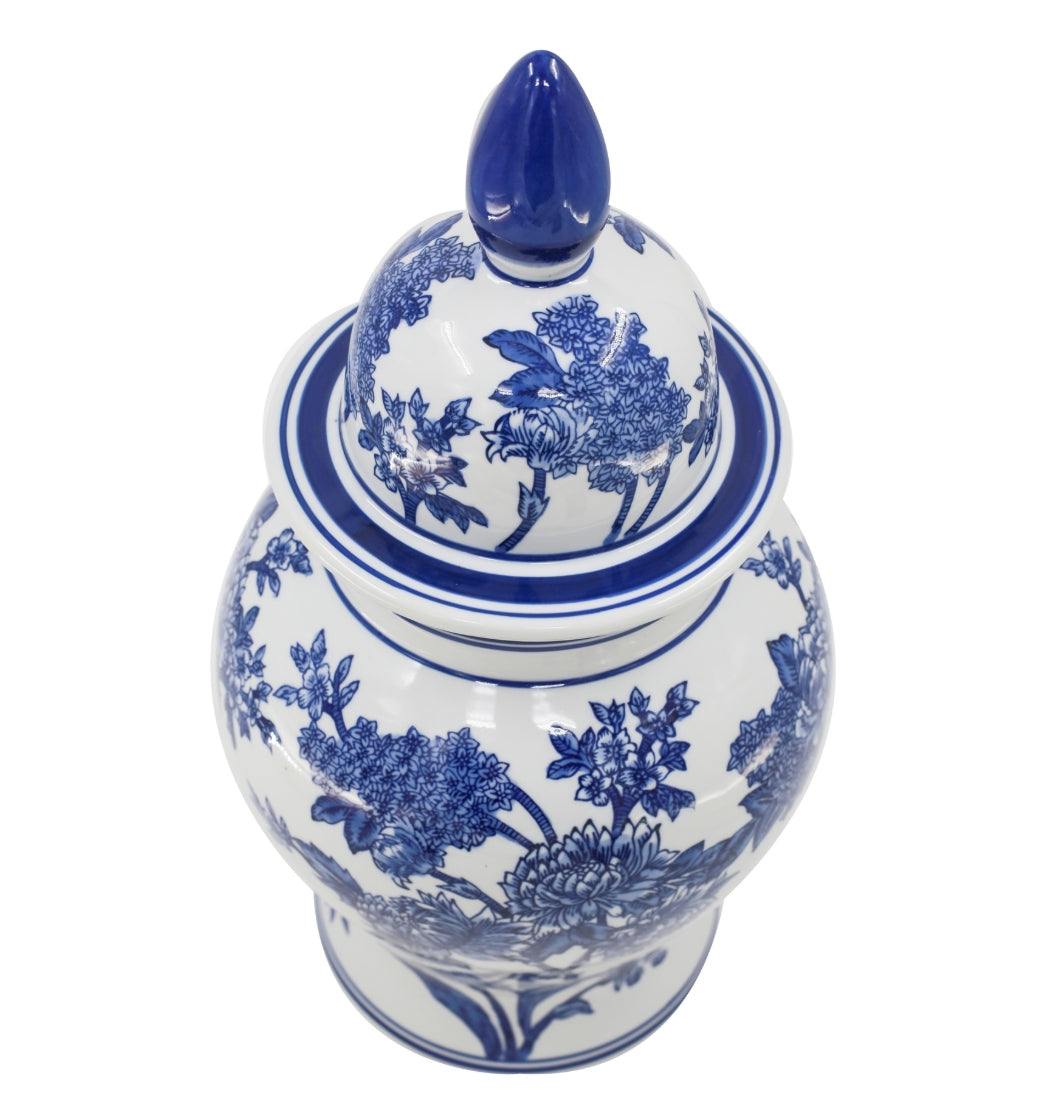 Deckelvase FLOWER – Blau-Weiß mit floralem Dekor | 50 cm