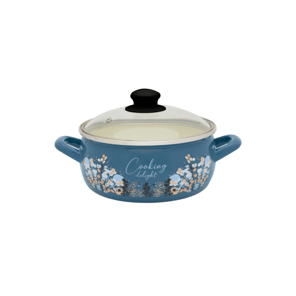 Metalac Niedriger Emaille-Topf Cooking Delight Blau 2,9 l mit Glasdeckel