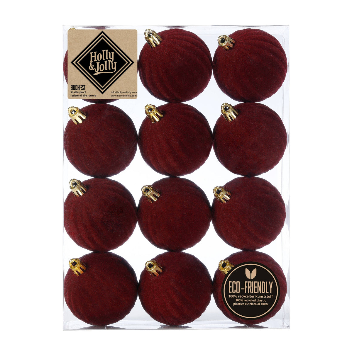 Bože – Weihnachtskugeln Weinrot mit Rillen, beflockt, 12er-Set, Ø 6 cm