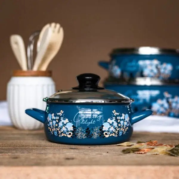 Metalac Topfset Cooking Delight Blau – Emaillierte Kochtöpfe im floralen Design (3-teilig)