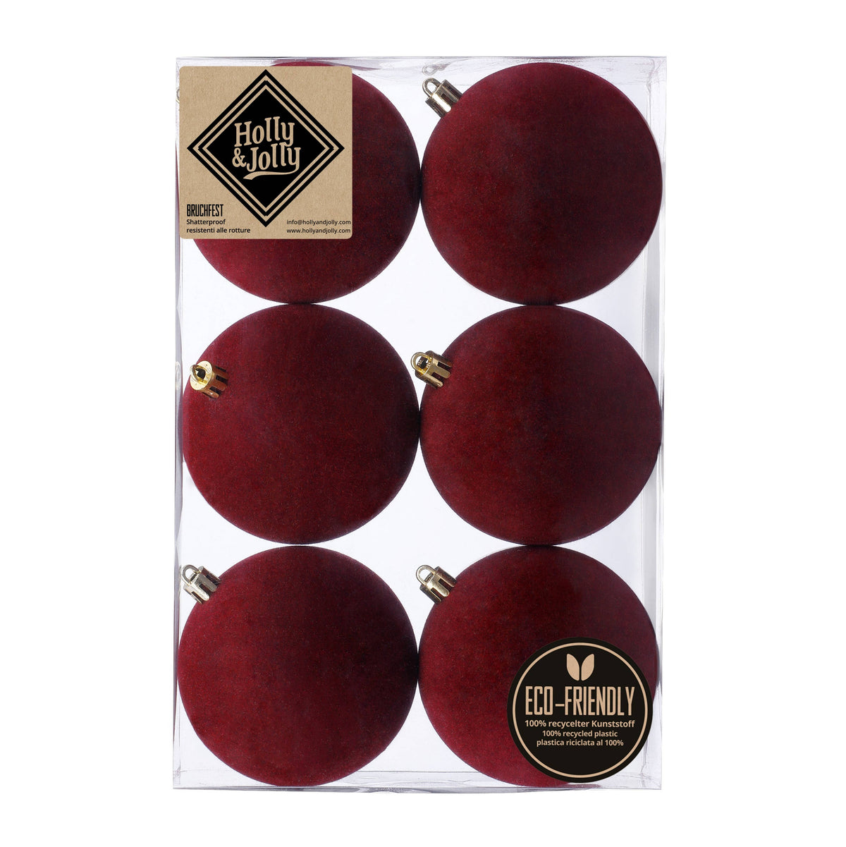 Bože – Weihnachtskugeln Weinrot beflockt, 6er-Set, Ø 8 cm
