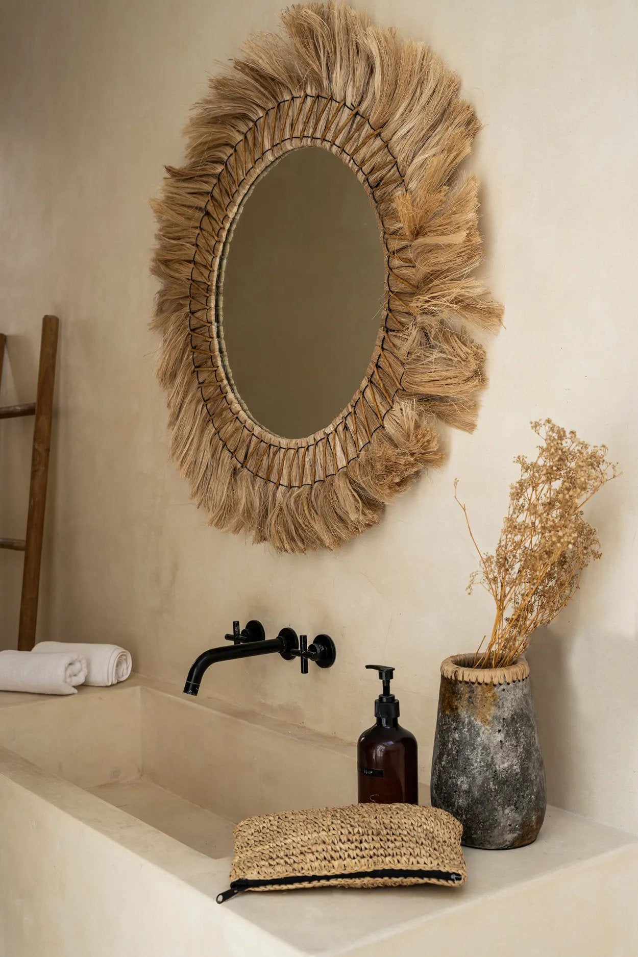 Bazar Bizar Wandspiegel 90 cm Natural – Pretty Blonde Boho Spiegel aus Naturgras