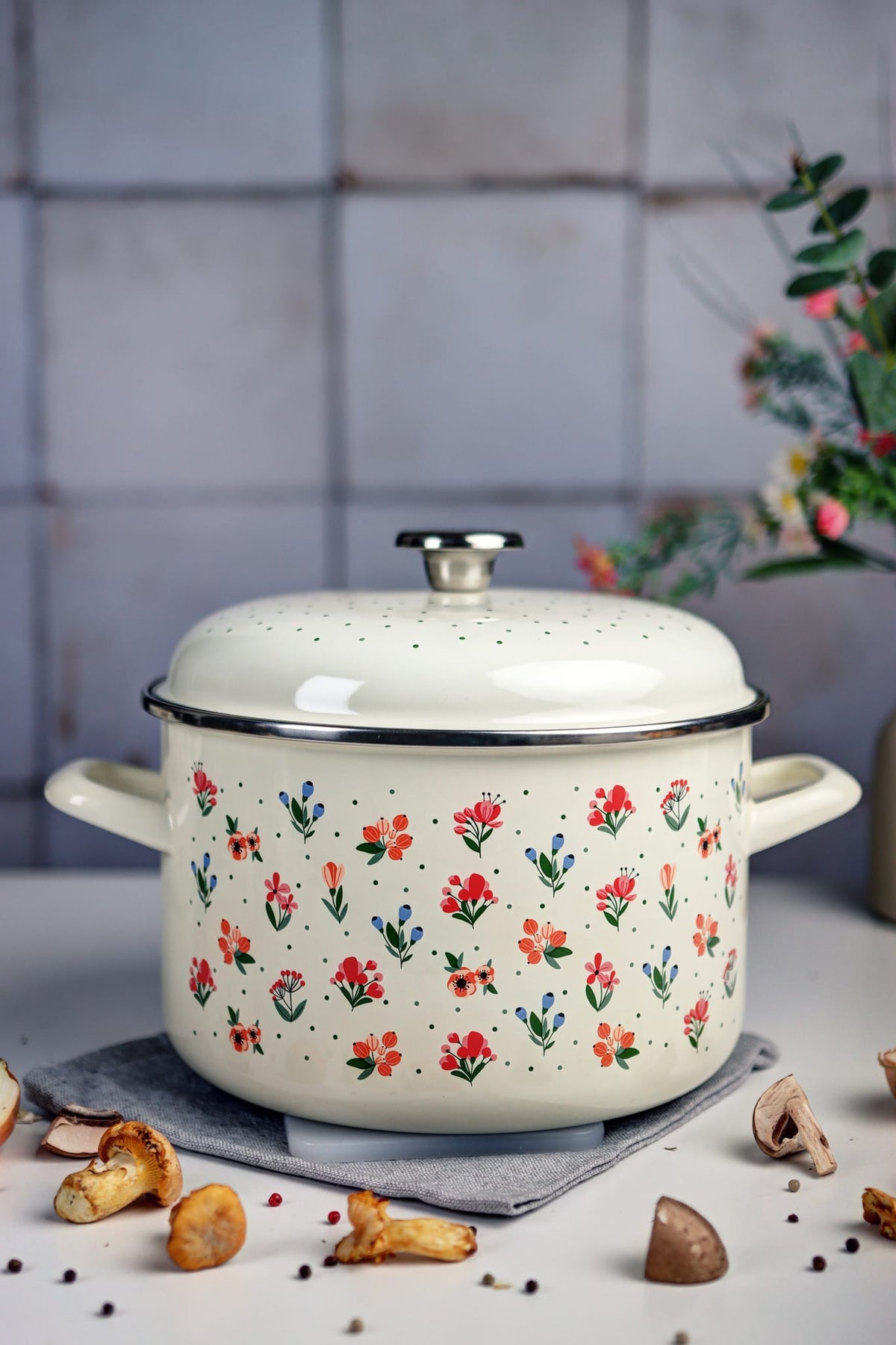 Metalac Original – Emaille Kochtopf Flowers mit Deckel | 24 cm, 6,75 L