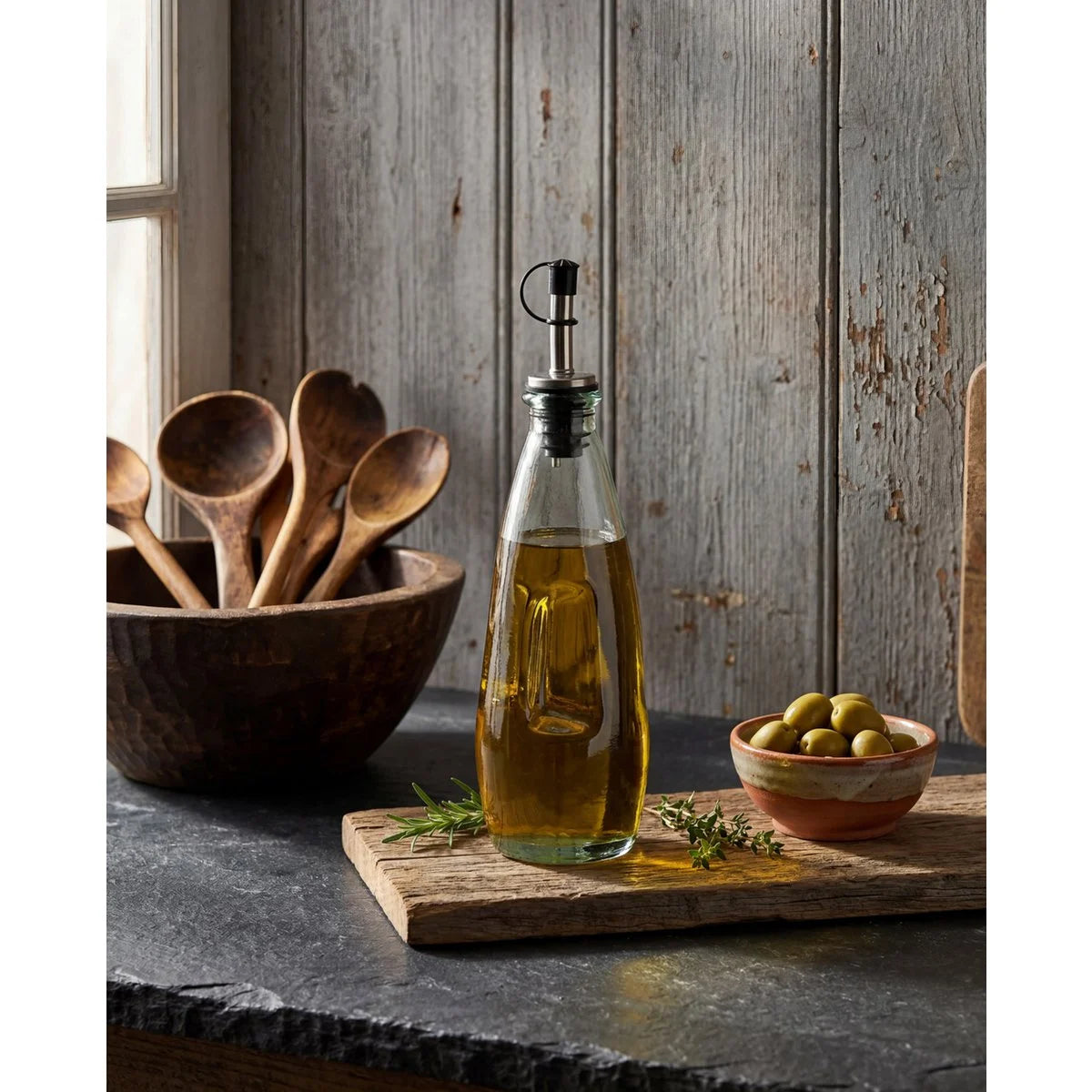 Bazar Bizar Olivenölflasche aus Glas mit Ausgießer – Transparent