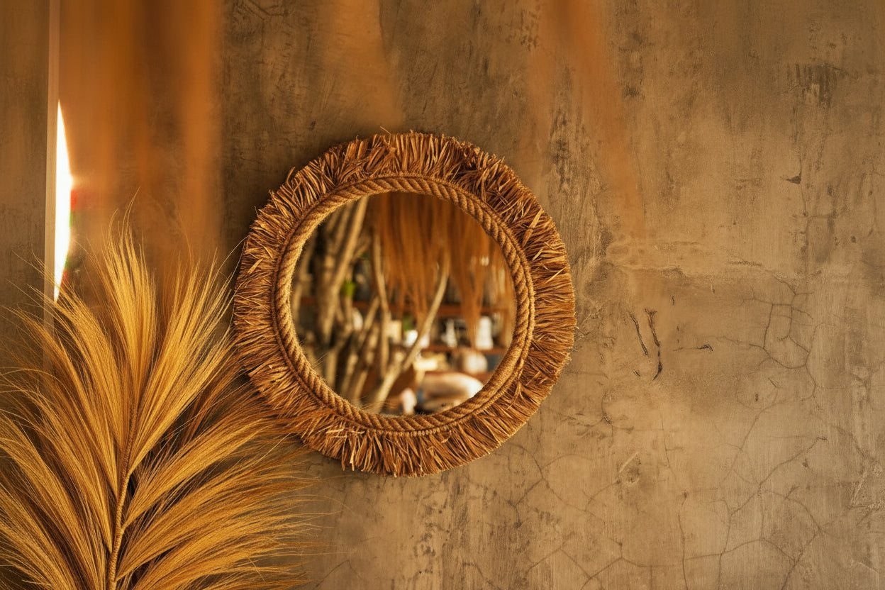 Bazar Bizar Tahiti Wandspiegel 60 cm – Boho Spiegel aus Naturgras