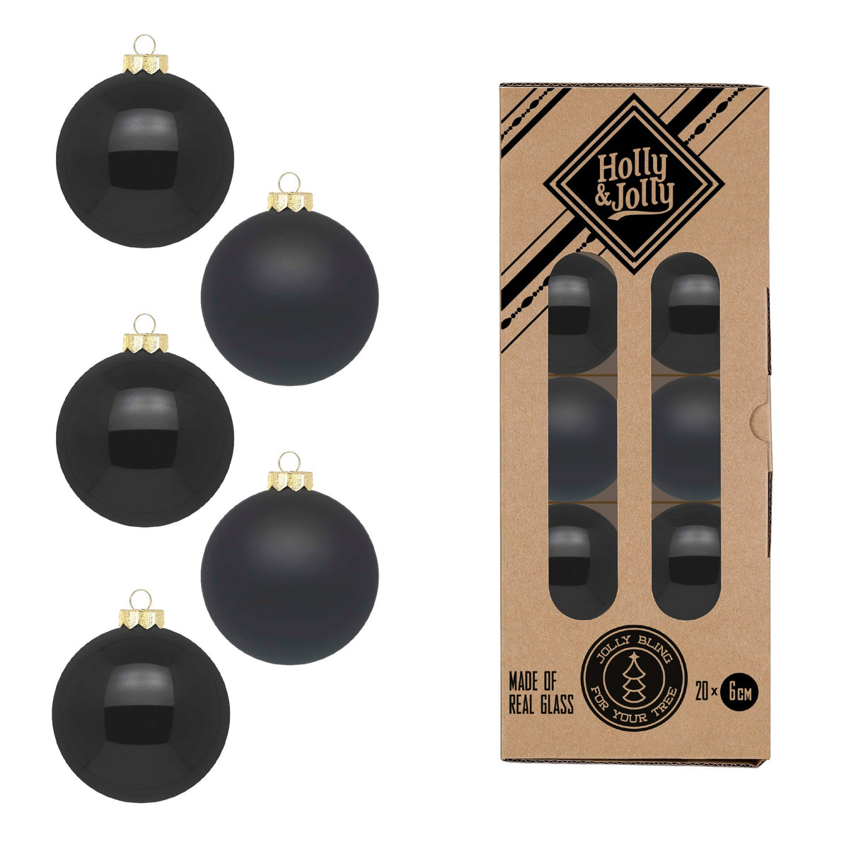 Bože – Weihnachtskugeln aus Glas, Schwarz, 20er-Set, Ø 6 cm