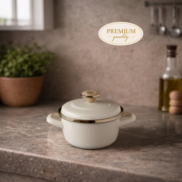 Kochtopf 16 cm Emaille 1,6L – Beige mit Goldrand | Metalac