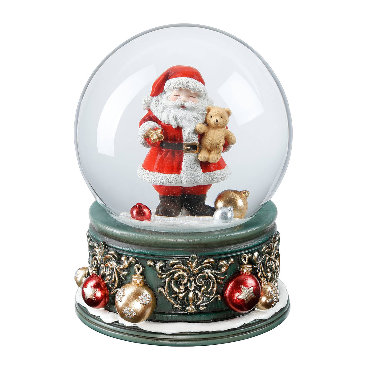 Bože – Schneekugel mit Spieluhr, Weihnachtsmann mit Teddy, 14,5 cm