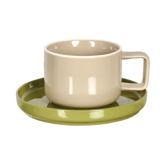 Tasse mit Unterteller aus Keramik – Beige