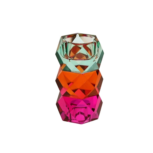 WERNS Kerzenhalter aus Kristallglas Pink, Orange & Blau – 2-in-1