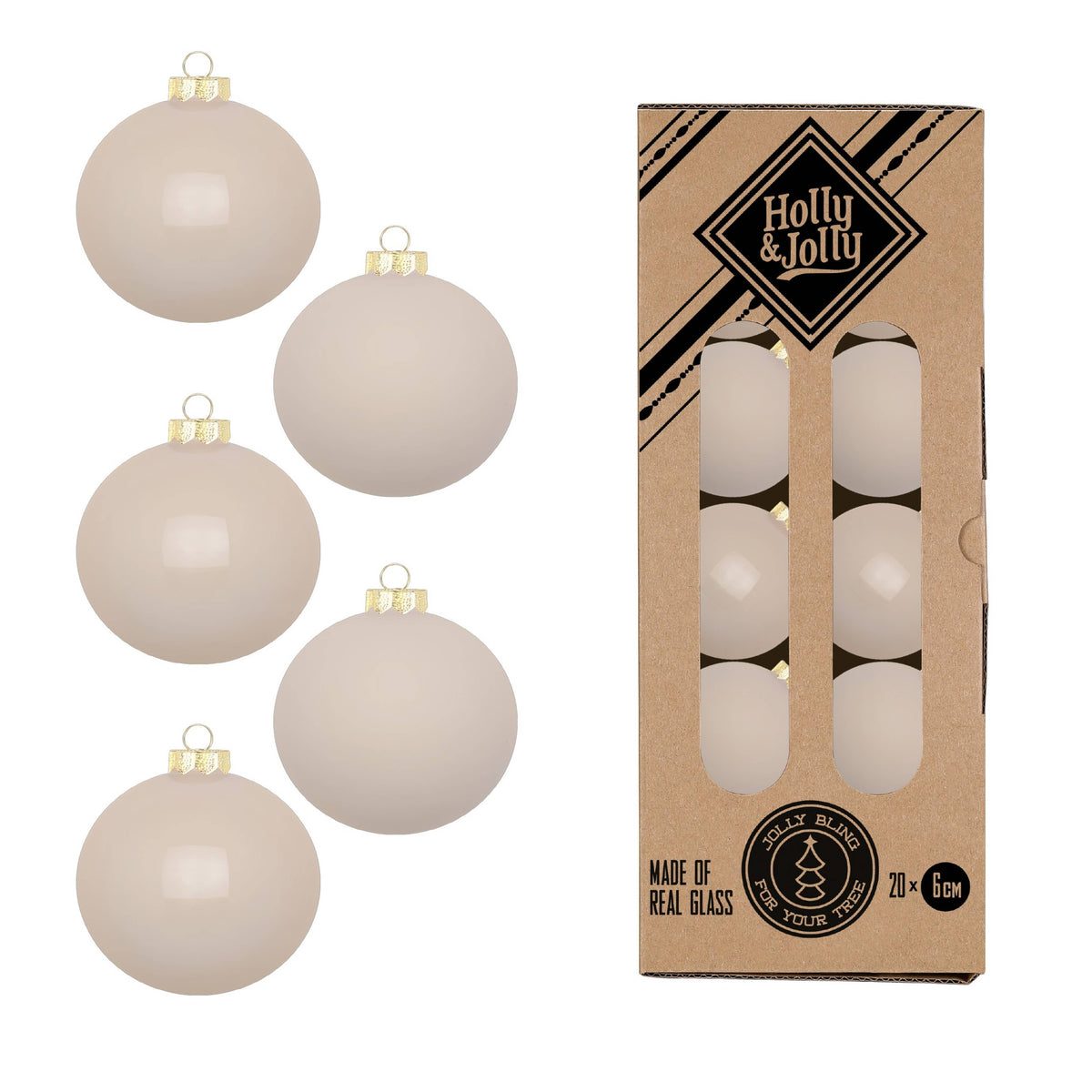 Bože – Weihnachtskugeln aus Glas, Elfenbein, 20er-Set, Ø 6 cm