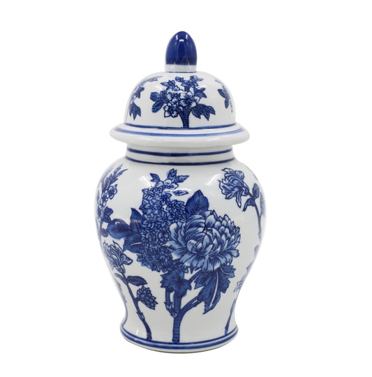 Deckelvase FLOWER – Blau-Weiß mit floralem Dekor | 25 cm