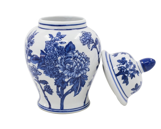 Deckelvase FLOWER – Blau-Weiß mit floralem Dekor | 25 cm