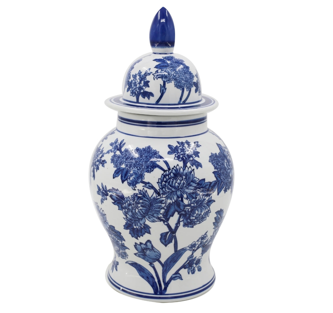 Deckelvase FLOWER – Blau-Weiß mit floralem Dekor | 50 cm