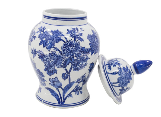 Deckelvase FLOWER – Blau-Weiß mit floralem Dekor | 50 cm