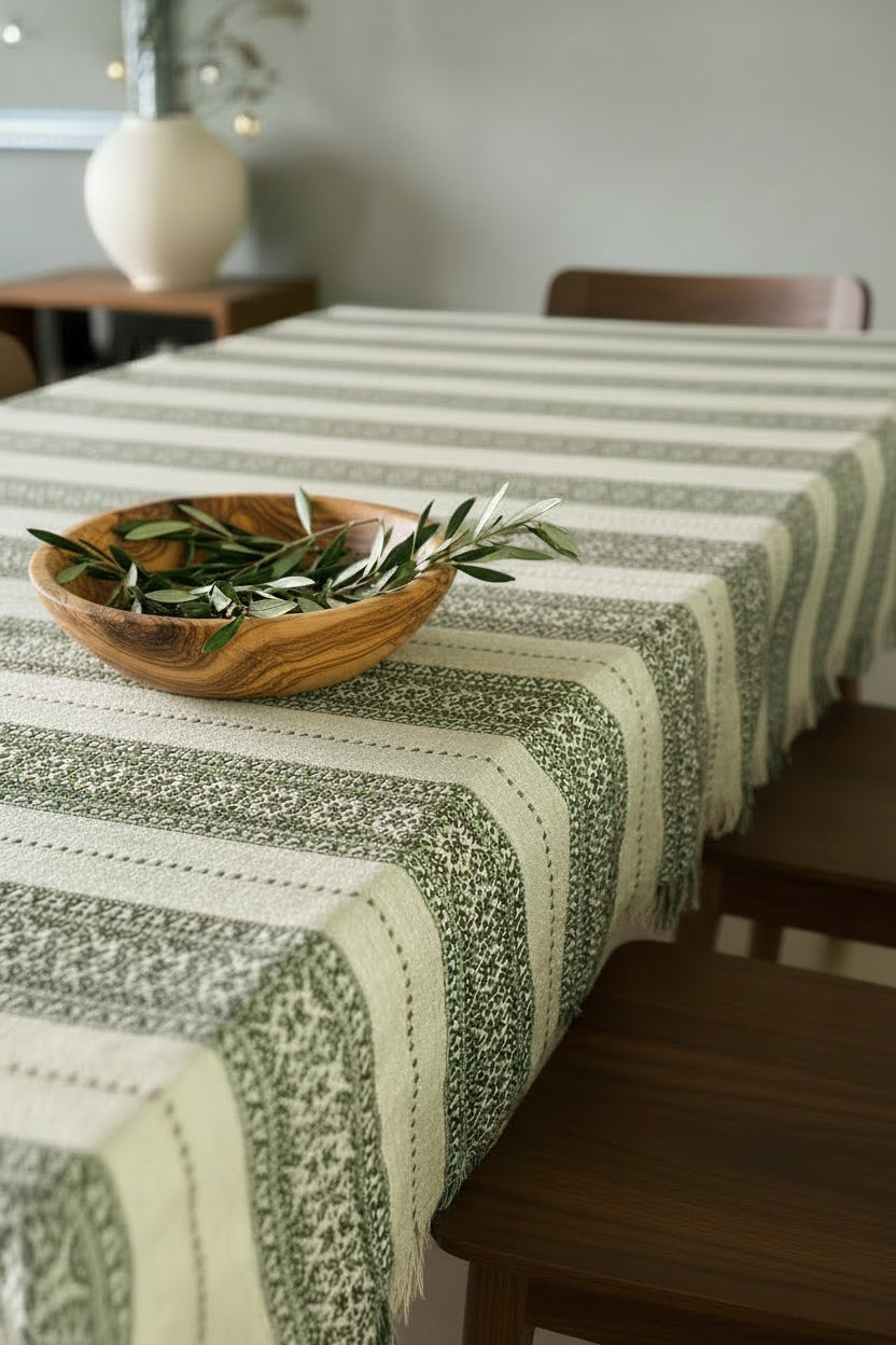 Handgewebte Tischdecke „Ika“ Oliv / Natur – traditionelles Kroatien Design