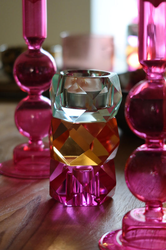WERNS Kerzenhalter aus Kristallglas Pink, Orange & Blau – 2-in-1