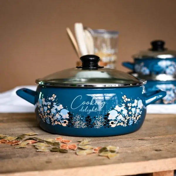 Metalac Topfset Cooking Delight Blau – Emaillierte Kochtöpfe im floralen Design (3-teilig)