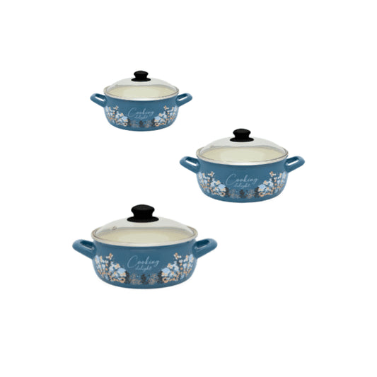 Metalac Topfset Cooking Delight Blau – Emaillierte Kochtöpfe im floralen Design (3-teilig)