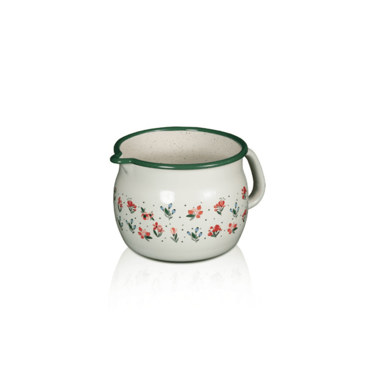 Metalac Original – Bauchiger Emaille-Milchtopf mit Ausguss 2 l – Flowers