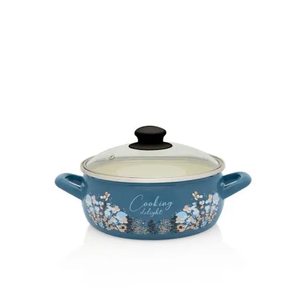 Metalac Niedriger Emaille-Topf Cooking Delight Blau 1,5 l mit Glasdeckel