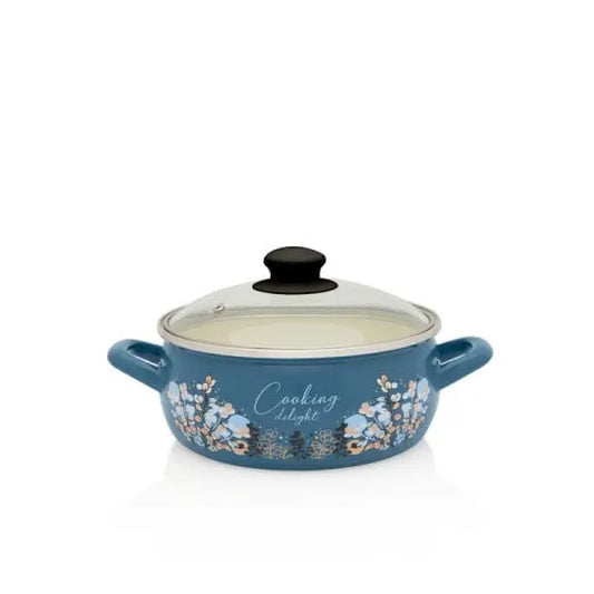 Metalac Niedriger Emaille-Topf Cooking Delight Blau 1,5 l mit Glasdeckel