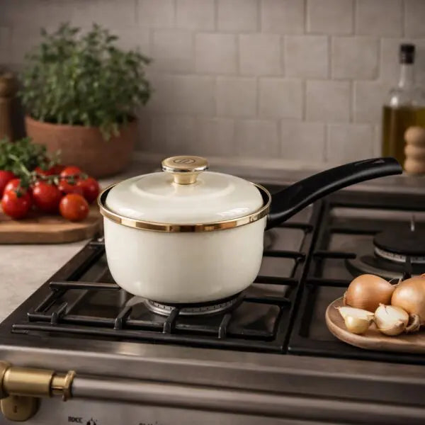 Metalac Stieltopf 16 cm 1,6 L – Maximus Premium Creme mit Goldrand