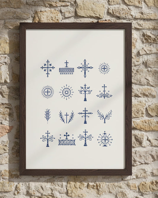 Sicanje Poster – traditionelle Symbole aus Kroatien & Bosnien (Blau)
