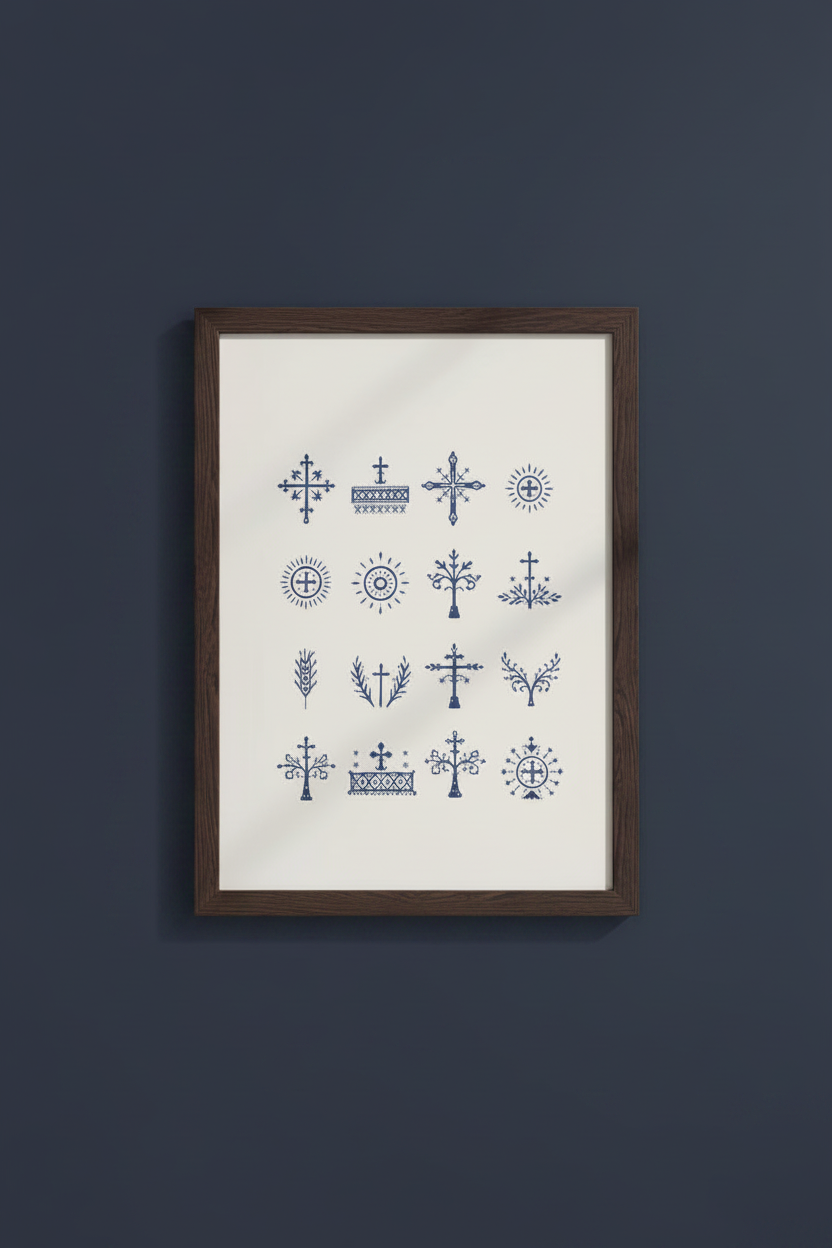 Sicanje Poster – traditionelle Symbole aus Kroatien & Bosnien (Blau)